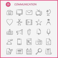 comunicación iconos dibujados a mano establecidos para infografías kit uxui móvil y diseño de impresión incluyen computadora portátil dispositivo electrónica auriculares medios música sonido colección infografía moderna lo vector