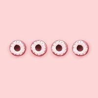 Many small plastic donuts lies on a pastel colorful background. Flat lay minimal pattern. Top view photo