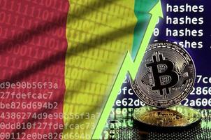 Guinea flag and rising green arrow on bitcoin mining screen and two physical golden bitcoins photo