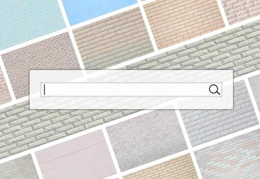 Visualization of the search bar on the background of a collage of many pictures with fragments of brick walls of different colors close-up. Set of images with varieties of brickwork photo