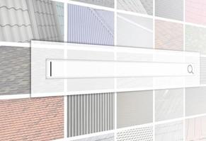 Visualization of the search bar on the background of a collage of many pictures with fragments of various types of roofing close up. A set of images with roof coating textures photo