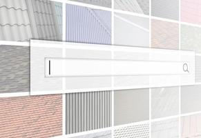 Visualization of the search bar on the background of a collage of many pictures with fragments of various types of roofing close up. A set of images with roof coating textures photo