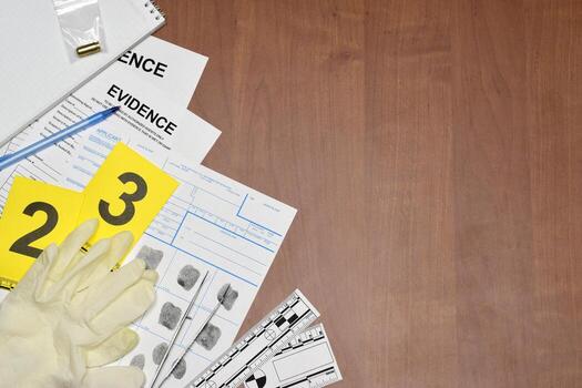 Paperwork during crime scene investigation process in csi laboratory. Evidence labels with fingerprint applicant and rubber gloves on vooden table photo