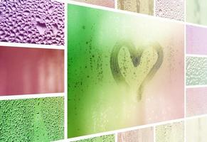 A collage of many different fragments of glass, decorated with rain drops from the condensate and painted heart in center photo