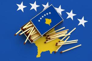Kosovo flag  is shown on an open matchbox, from which several matches fall and lies on a large flag photo