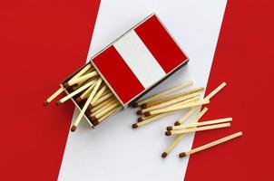 Peru flag  is shown on an open matchbox, from which several matches fall and lies on a large flag photo