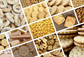 A collage of many pictures with various sweets close-up. A set of images with varieties of biscuits, bagels and candies photo