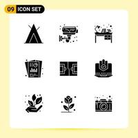 Set of 9 Commercial Solid Glyphs pack for seo report seo books report study table Editable Vector Design Elements