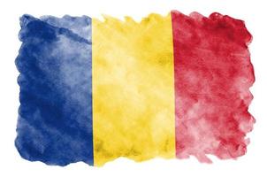 Romania flag  is depicted in liquid watercolor style isolated on white background photo