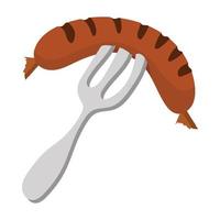 Grilled sausage on a fork icon, cartoon style vector