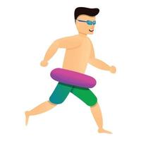 hombre corre al icono de la piscina, estilo de dibujos animados vector