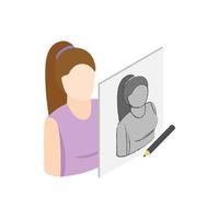 Drawing female portrait icon, isometric 3d style vector