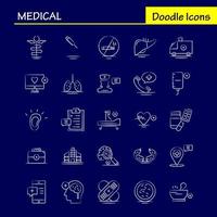 Medical Hand Drawn Icons Set For Infographics Mobile UXUI Kit And Print Design Include Clipboard Time Board Clock Tablet Medical Medicine Capsule Collection Modern Infographic Logo and Pi vector