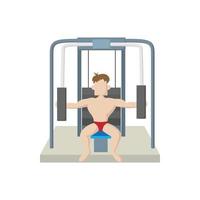 Naked man training muscles on gym machine icon