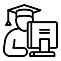 Student at the computer icon, outline style vector