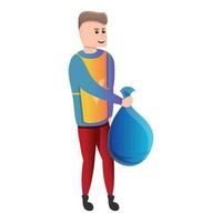 Volunteer boy with garbage bag icon, cartoon style vector