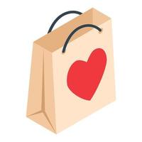 Paper shopping bag with heart isometric 3d icon vector