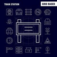 los iconos de la línea de la estación de tren establecidos para infografías kit uxui móvil y el diseño de impresión incluyen la entrada de la estación de tren metro tren ferrocarril conjunto de iconos de señal de ferrocarril vector