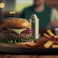 Delicious homemade steakburger on an old wooden table. Fat unhealthy food close-up. photo