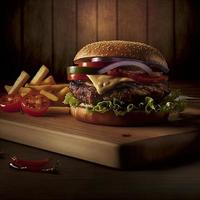 Delicious homemade steakburger on an old wooden table. Fat unhealthy food close-up. photo