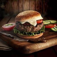 Delicious homemade steakburger on an old wooden table. Fat unhealthy food close-up. photo