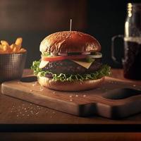 Delicious homemade steakburger on an old wooden table. Fat unhealthy food close-up. photo