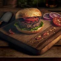 Delicious homemade steakburger on an old wooden table. Fat unhealthy food close-up. photo