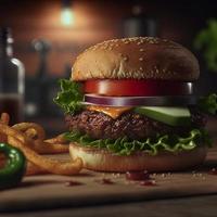 Delicious homemade steakburger on an old wooden table. Fat unhealthy food close-up. photo