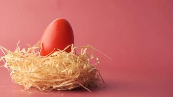 Red egg in a nest on pink background video