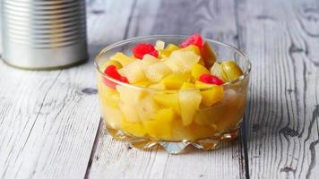 Fruit salad in a small glass bowl close up video