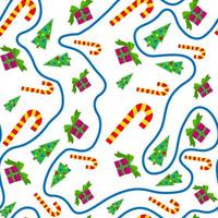 Vector seamless pattern of Christmas items. Winter forest, pine trees, ribbon, candy, and gifts are printed on fabric, wrapping paper, or wallpaper.