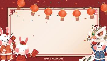 2023 Year of the Rabbit frame with strings of lanterns hanging on it, and rabbits in traditional clothes performing lion dances, setting off firecrackers and giving out red envelopes vector