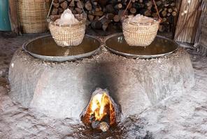 Basket of salt obtained from boiling. mountain salt has only one place in the world at Bo Kluea Thailand. photo