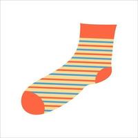 Orange sock with multi-colored stripes on white background. Vector isolated image for use in clipart or web design