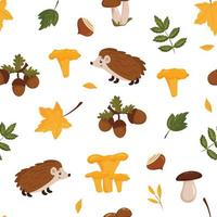 Seamless autumn pattern with hedgehogs, mushrooms, acorns and leaves white background. vector