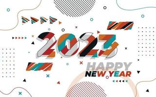 plantilla de tarjeta de felicitación de feliz año nuevo 2023, tipografía de moda con patrón geométrico hipster en estilo memphis, fondo de logotipo 2023, aplicable para banner, calendario, invitación, volante, medios sociales vector