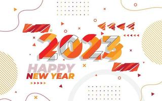 plantilla de tarjeta de felicitación de feliz año nuevo 2023, tipografía de moda con patrón geométrico hipster en estilo memphis, fondo de logotipo 2023, aplicable para banner, calendario, invitación, volante, medios sociales vector