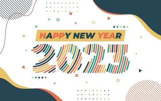 plantilla de tarjeta de felicitación de feliz año nuevo 2023, tipografía de moda con patrón geométrico hipster en estilo memphis, fondo de logotipo 2023, aplicable para banner, calendario, invitación, volante, medios sociales vector