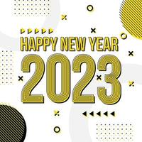 plantilla de tarjeta de felicitación de feliz año nuevo 2023, tipografía de moda con patrón geométrico hipster en estilo memphis, fondo de logotipo 2023, aplicable para banner, calendario, invitación, volante, medios sociales vector