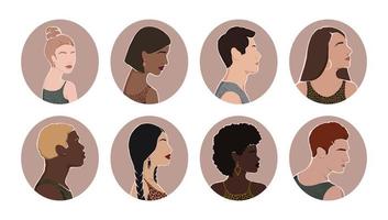 Set of icons with group of diverse people from different ethnic backgrounds are standing together. all people are equal. flat illustration. vector