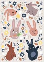 un conjunto de lindas pegatinas de pascua hechas de conejitos y flores. tierno bebé dibujado a mano vector ilustración plana.