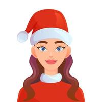 Portrait of beautiful girl wearing santa claus clothes. Colorful character isolated on white background. Vector Illustration.