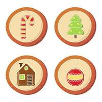 pan de jengibre en estilo de dibujos animados. galleta de navidad con casa, árbol de navidad, juguete, decoración de bastón de caramelo. Ilustración de vector colorido aislado sobre fondo blanco.