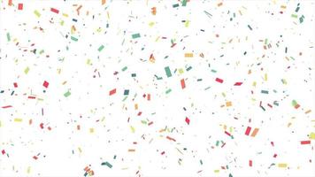 kleurrijk confetti deeltjes vallend over- wit achtergrond, confetti vallend viering animatie, feest bg, goud realistisch confetti explosies, verjaardag partij confetti vallend video