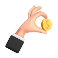 3d vector man hand holds gold dollar coins with two finger design illustration