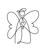 ángel de navidad vectorial simple con corazón, dibujo continuo de una línea, estampado para ropa y diseño de logotipo, emblema o silueta de una sola línea, ilustración abstracta aislada vector