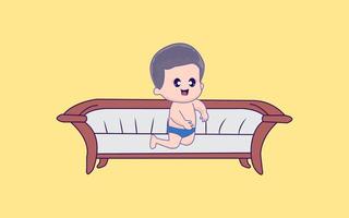 Cute boy playing with cat on sofa cartoon vector