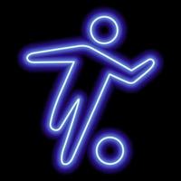 Neon blue outline of a soccer player who hits the ball on black background vector