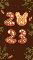 Gingerbread in the form of numbers and a rabbit symbol of 2023 rabbit in a cartoon style vector