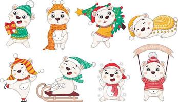 Bundle of cute cartoon new year polar bears in winter clothes with christmas tree, skating, sledding, catching snowflakes, carrying gifts, sleeping, vector